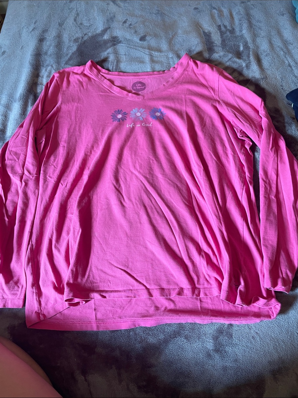 Life Is Good Bright Pink Long Sleeve Tee with Daisy Motif